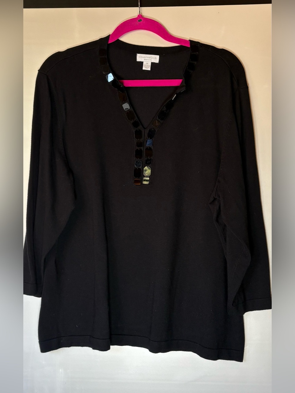 Charter Club Black Long-Sleeve Top with Beaded V-Neck